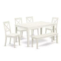 HomeStock 6-Piece Rectangle Linen White Finish Solid Wood Top Dining Table with 1 Bench, 4 Chairs