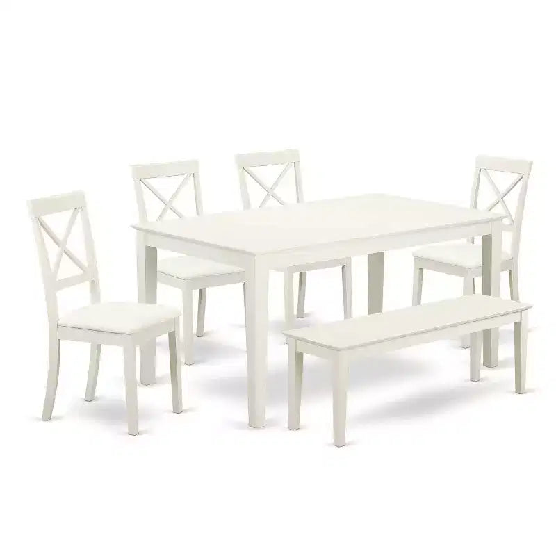 HomeStock 6-Piece Rectangle Linen White Finish Solid Wood Top Dining Table with 1 Bench, 4 Chairs
