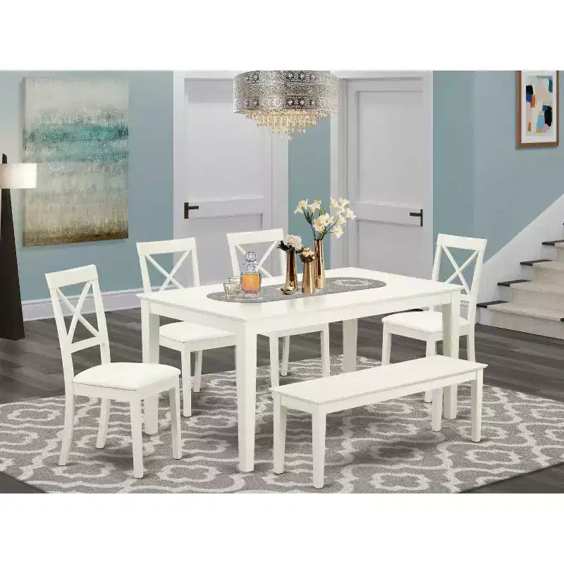 HomeStock 6-Piece Rectangle Linen White Finish Solid Wood Top Dining Table with 1 Bench, 4 Chairs