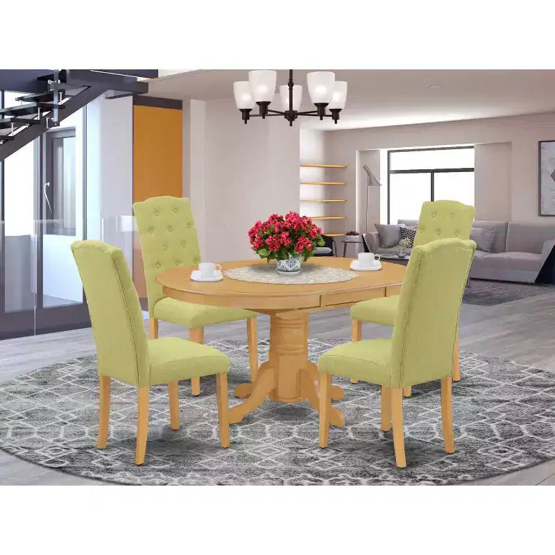 HomeStock 5-Piece Oval Natural Oak Finish Solid Wood Top Dining Table with 4-Parson Chair with Butterfly Leaf