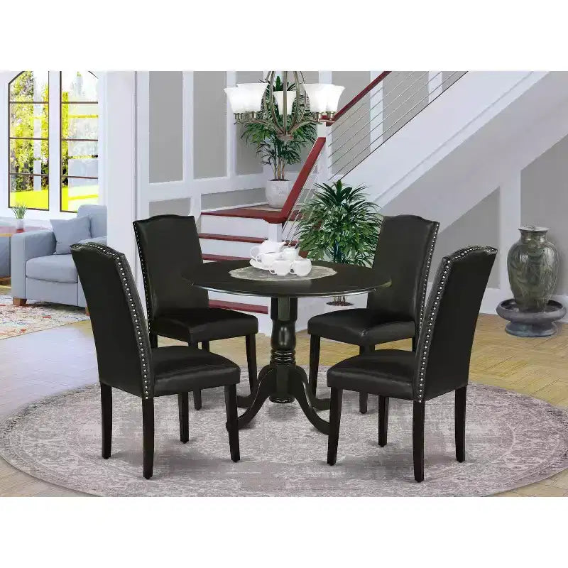 Round Kitchen Table Set 5pc 42 Table w/ Drop Leaves & 4 Parsons Chairs - Black PU Leather