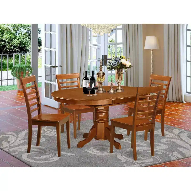 HomeStock 5-Piece Oval Saddle Brown Finish Solid Wood Top Dining table with 4 Chairs
