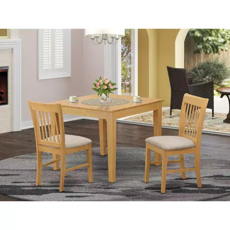 Square Dining Set - 36 Inch Kitchen Table with 2 Linen Chairs - Oak Finish