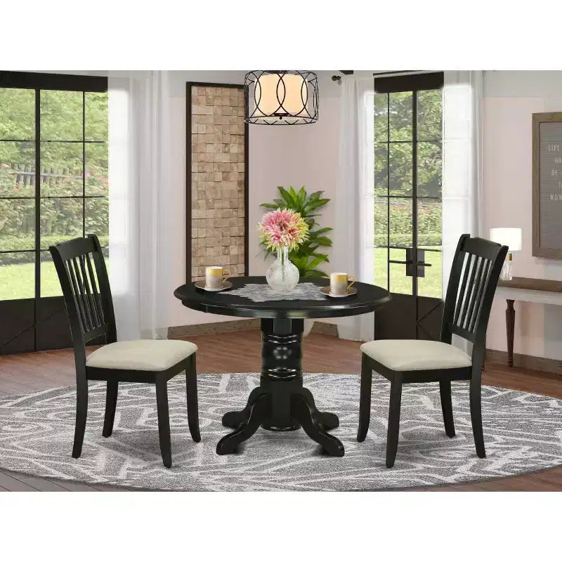 HomeStock 3-Pc Black Finish Solid Wood Top - Round Dining Room Set - Seats 4