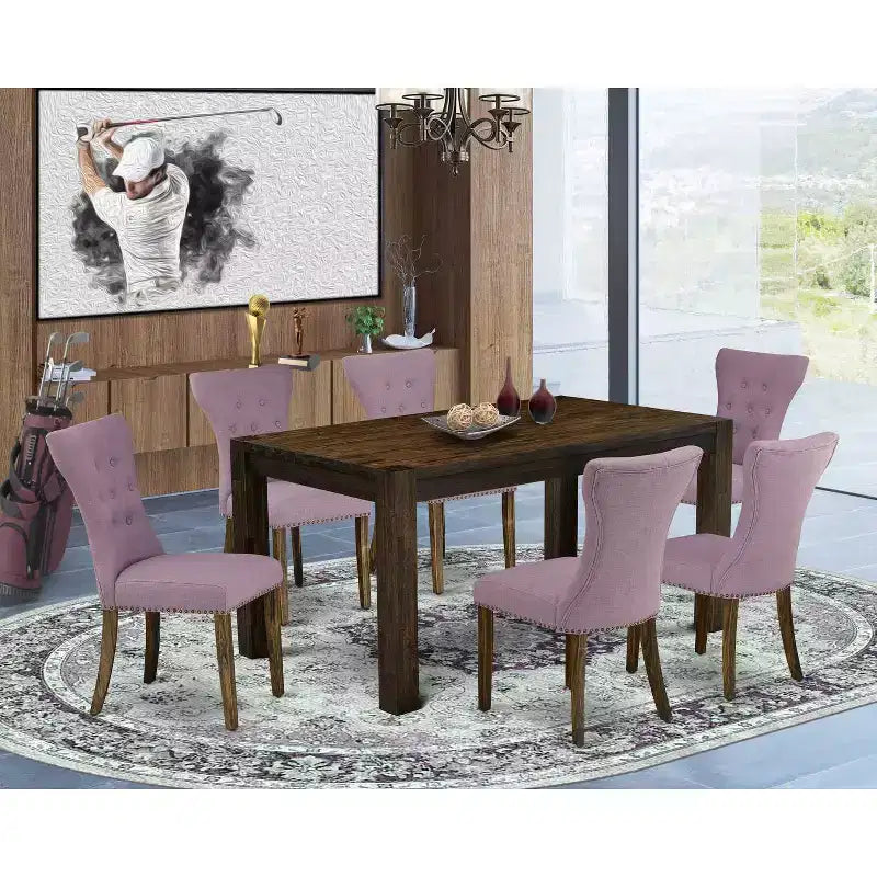 HomeStock 7-Piece Rectangle Distressed Jacobean Finish Solid Wood Top Dining Table with 6 Parson Chairs