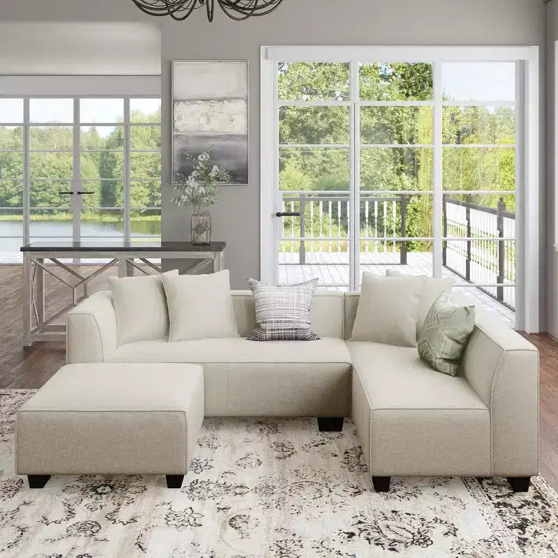 HL Home Furnishings Right-hand Facing Velour Sectional with Ottoman