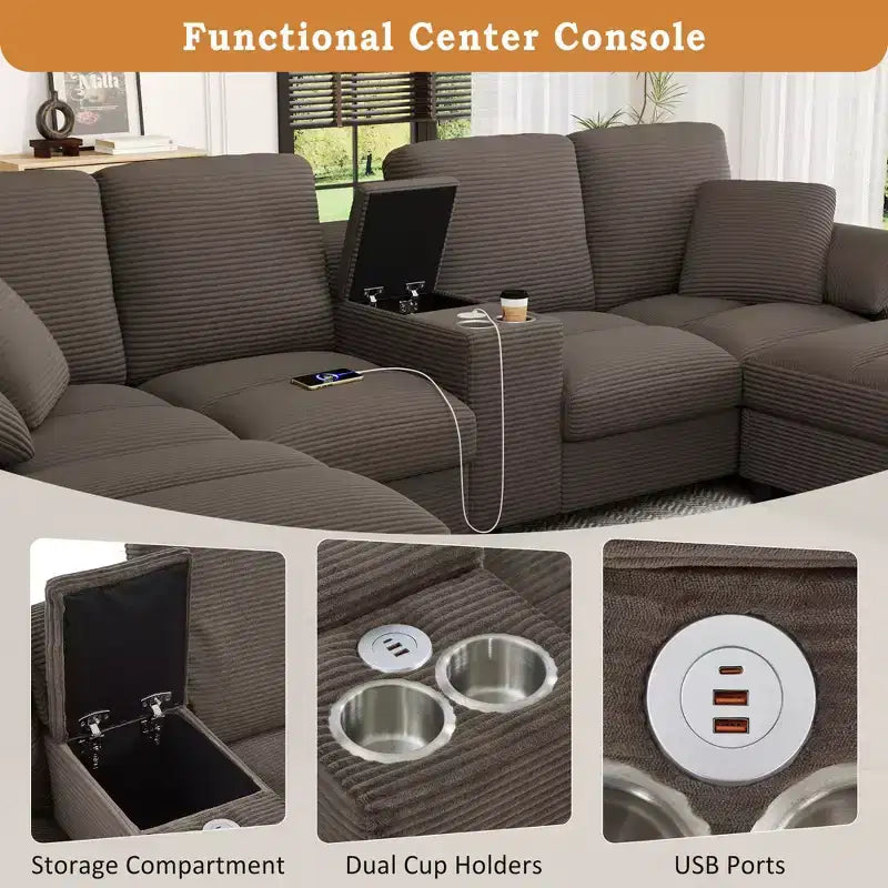 Polibi U-Shaped Corduroy Sectional Sofa with Hidden Storage Ottomans, USB Console & Cup Holders
