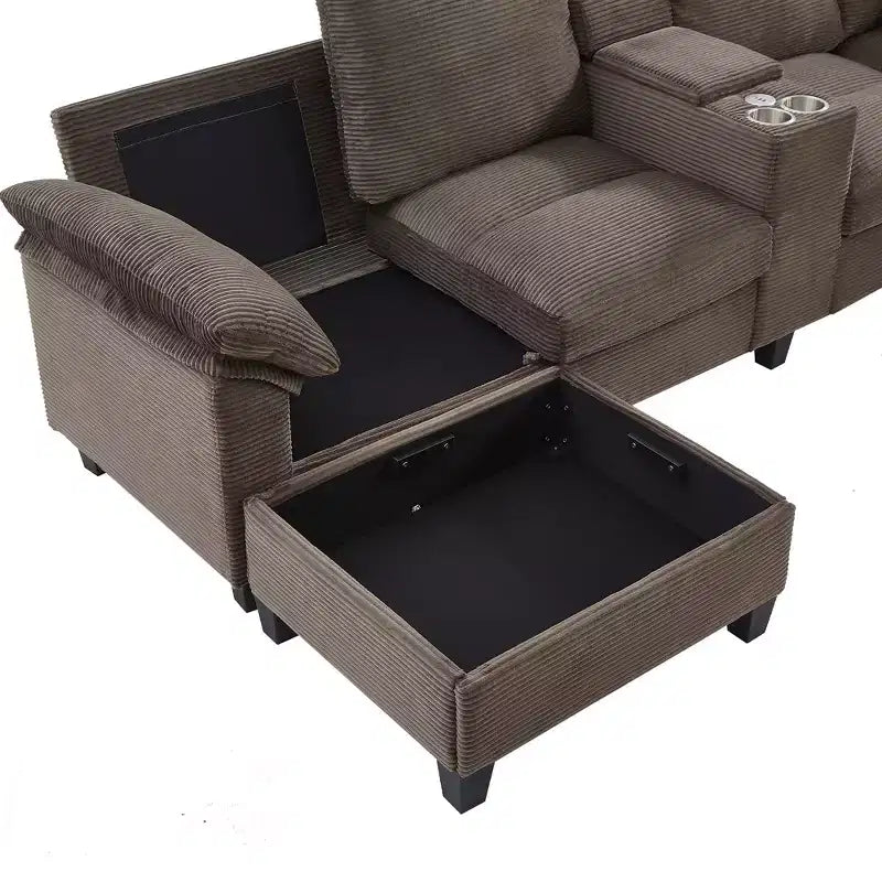 Polibi U-Shaped Corduroy Sectional Sofa with Hidden Storage Ottomans, USB Console & Cup Holders