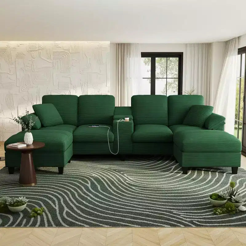 Polibi U-Shaped Corduroy Sectional Sofa with Hidden Storage Ottomans, USB Console & Cup Holders