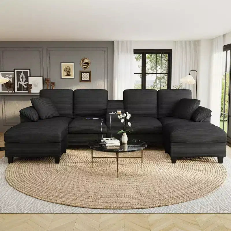 Polibi U-Shaped Corduroy Sectional Sofa with Hidden Storage Ottomans, USB Console & Cup Holders