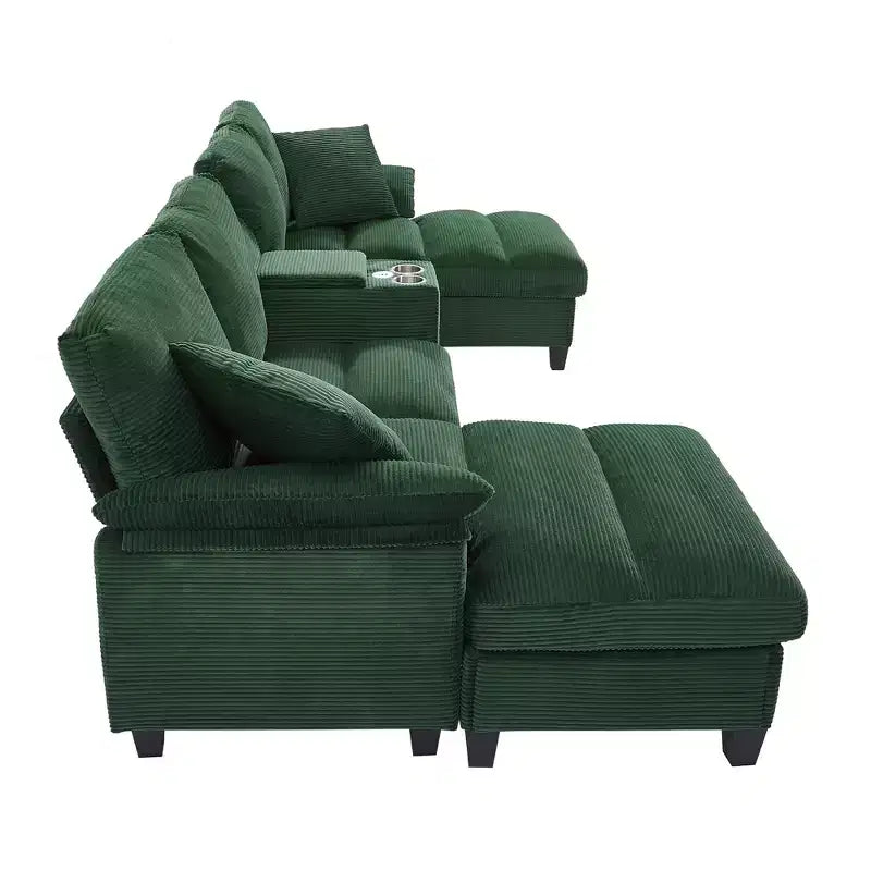 Polibi U-Shaped Corduroy Sectional Sofa with Hidden Storage Ottomans, USB Console & Cup Holders