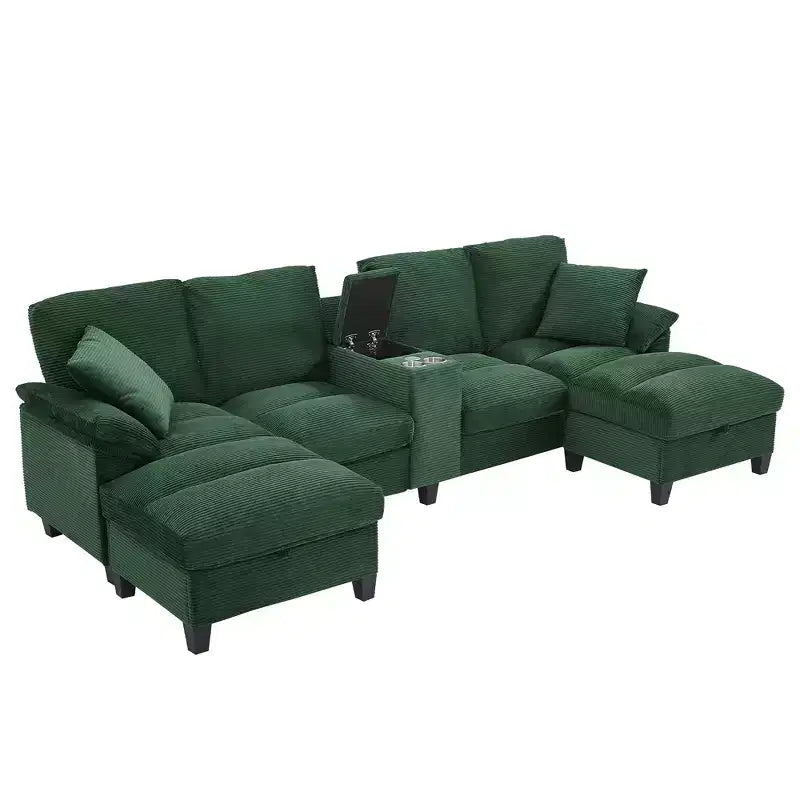 Polibi U-Shaped Corduroy Sectional Sofa with Hidden Storage Ottomans, USB Console & Cup Holders