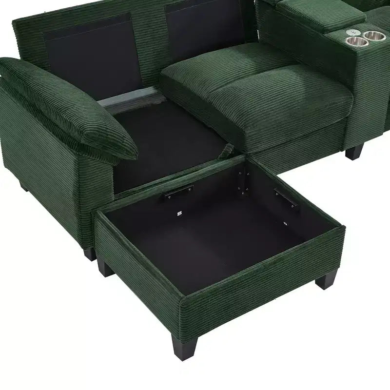 Polibi U-Shaped Corduroy Sectional Sofa with Hidden Storage Ottomans, USB Console & Cup Holders