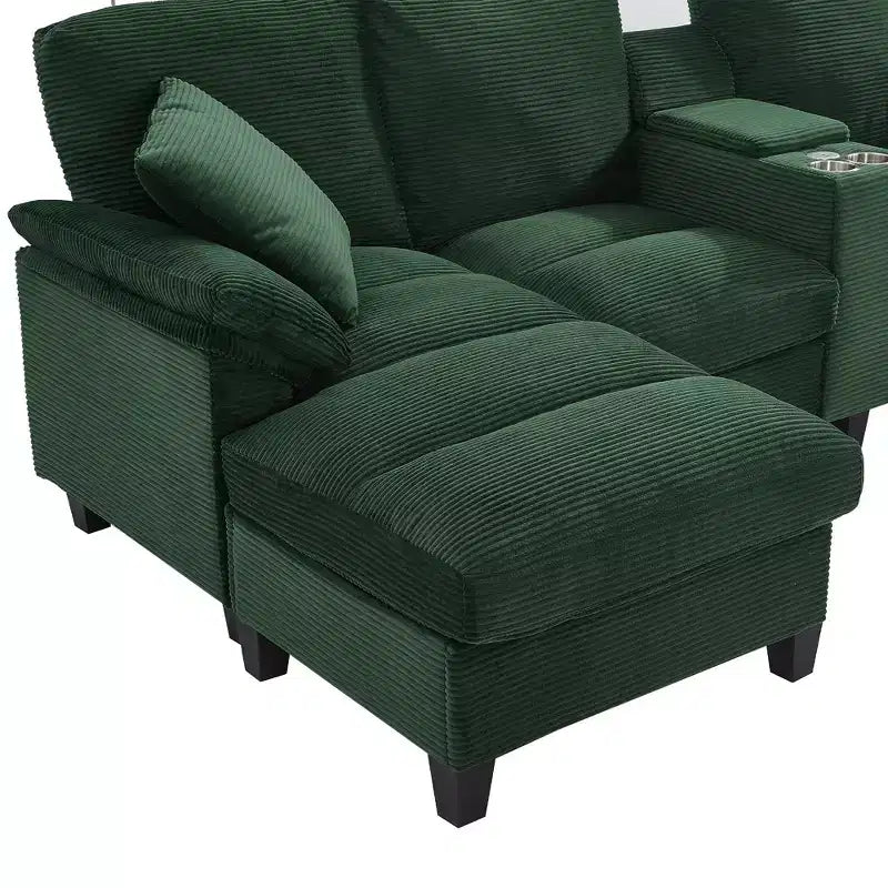 Polibi U-Shaped Corduroy Sectional Sofa with Hidden Storage Ottomans, USB Console & Cup Holders