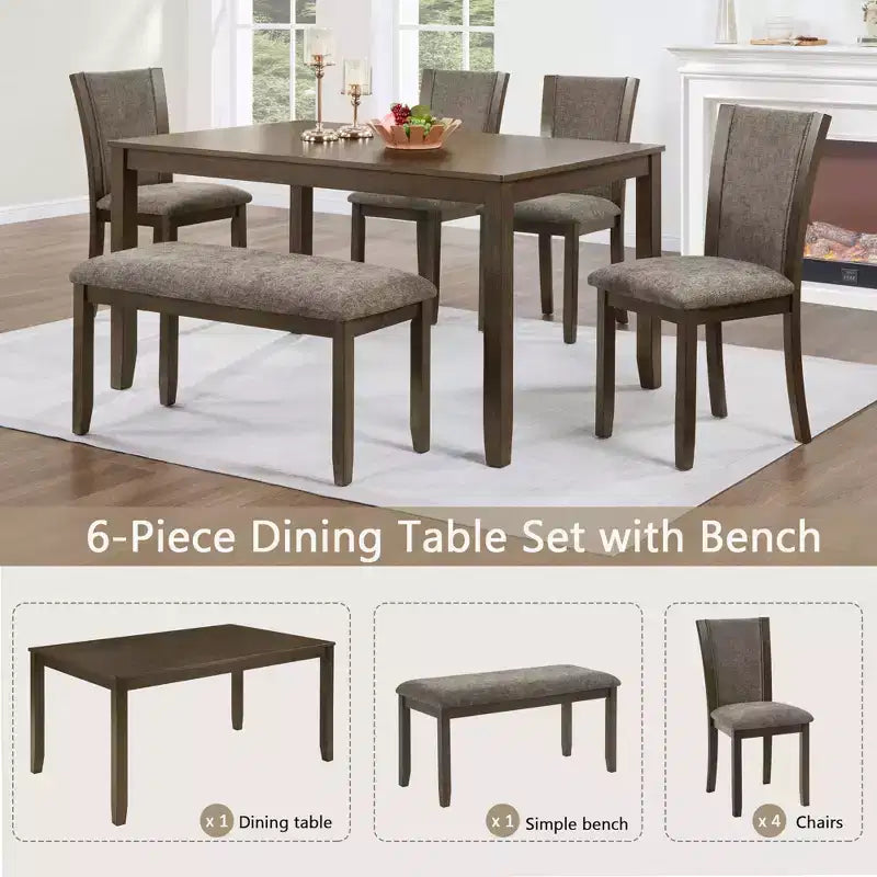 GDFStudio Eira Farmhouse 6-Piece Dining Set with Rubberwood Rectangular Table, 1 Bench, and 4 Linen Upholstered Chairs