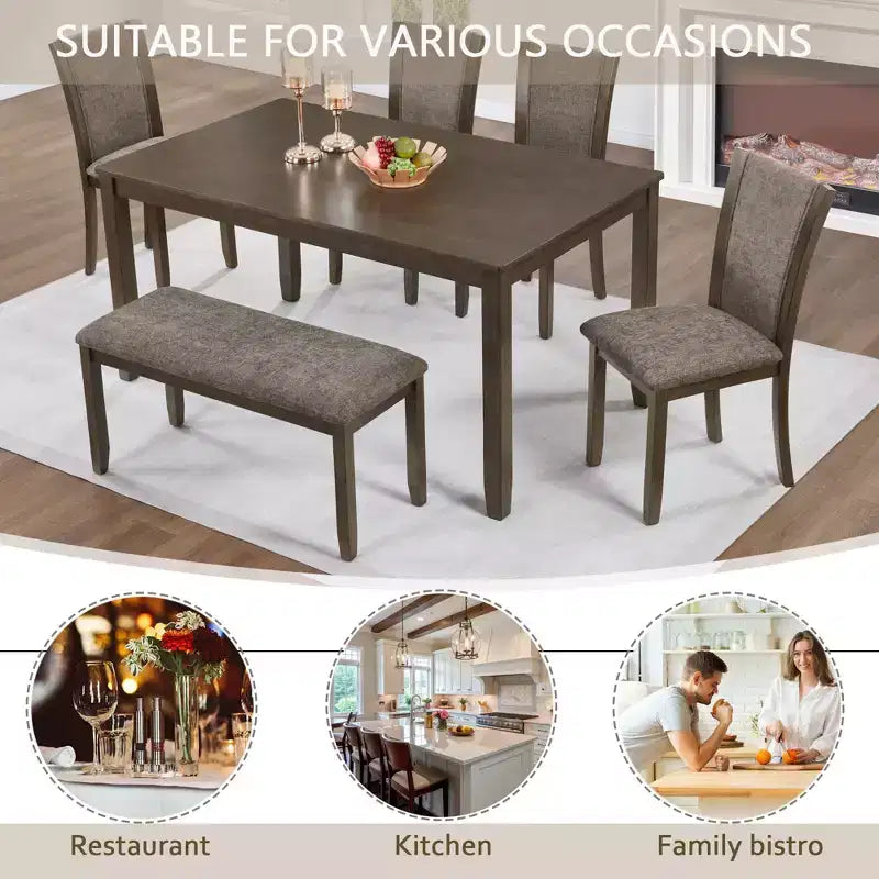 GDFStudio Eira Farmhouse 6-Piece Dining Set with Rubberwood Rectangular Table, 1 Bench, and 4 Linen Upholstered Chairs