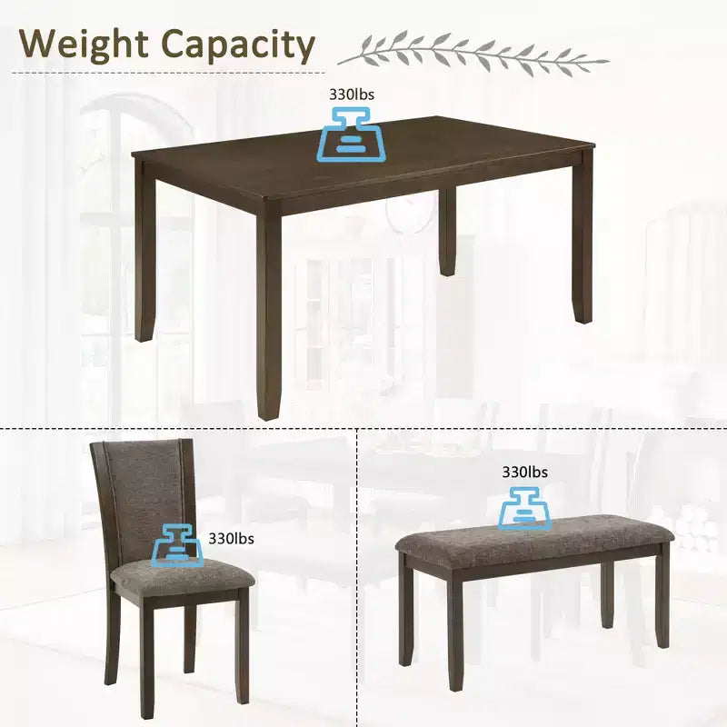 GDFStudio Eira Farmhouse 6-Piece Dining Set with Rubberwood Rectangular Table, 1 Bench, and 4 Linen Upholstered Chairs
