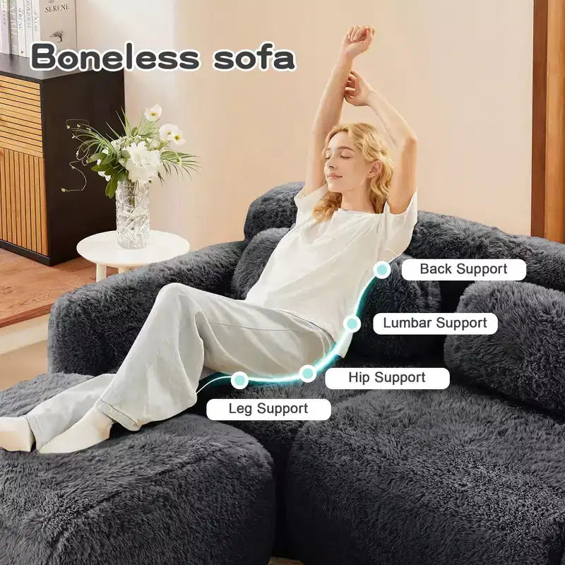 80.3 inch Light Khaki Plush Fabric Boneless Sofa With Throw Pillows and Ottoman 32D High Density Sponge for Living Rooms