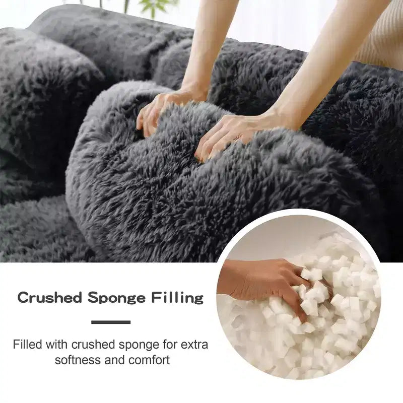 80.3 inch Light Khaki Plush Fabric Boneless Sofa With Throw Pillows and Ottoman 32D High Density Sponge for Living Rooms