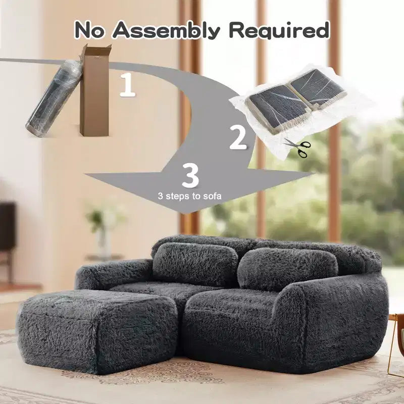 80.3 inch Light Khaki Plush Fabric Boneless Sofa With Throw Pillows and Ottoman 32D High Density Sponge for Living Rooms