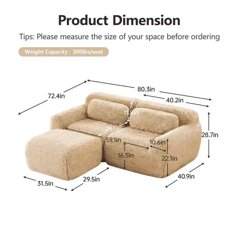 80.3 inch Light Khaki Plush Fabric Boneless Sofa With Throw Pillows and Ottoman 32D High Density Sponge for Living Rooms