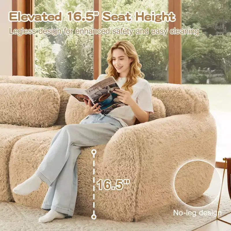 80.3 inch Light Khaki Plush Fabric Boneless Sofa With Throw Pillows and Ottoman 32D High Density Sponge for Living Rooms