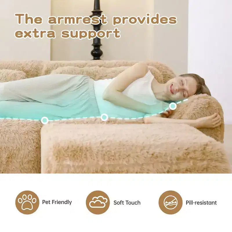 80.3 inch Light Khaki Plush Fabric Boneless Sofa With Throw Pillows and Ottoman 32D High Density Sponge for Living Rooms