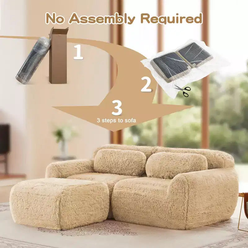 80.3 inch Light Khaki Plush Fabric Boneless Sofa With Throw Pillows and Ottoman 32D High Density Sponge for Living Rooms