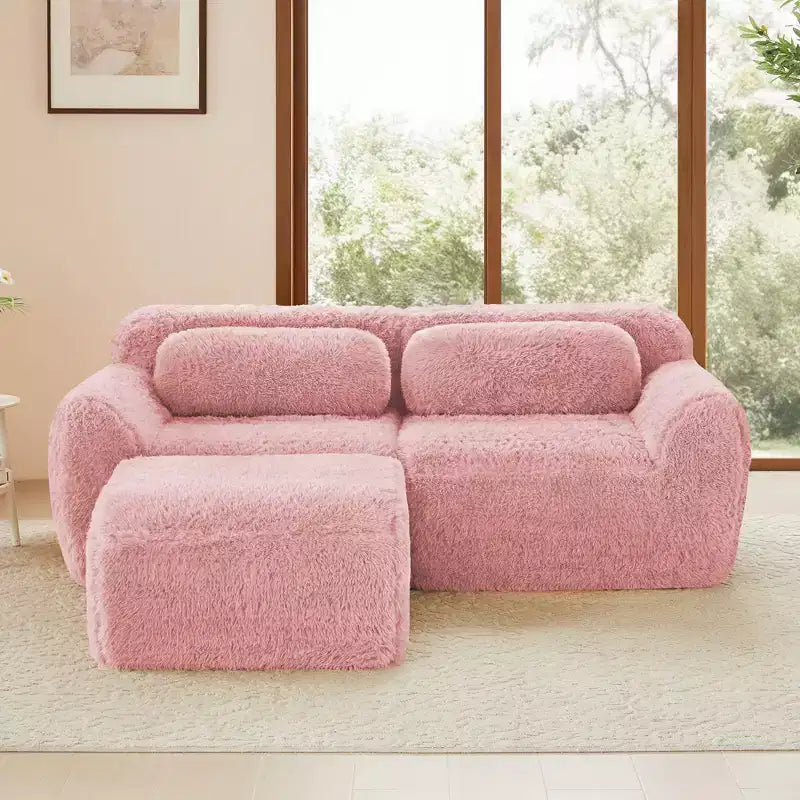 80.3 inch Light Khaki Plush Fabric Boneless Sofa With Throw Pillows and Ottoman 32D High Density Sponge for Living Rooms