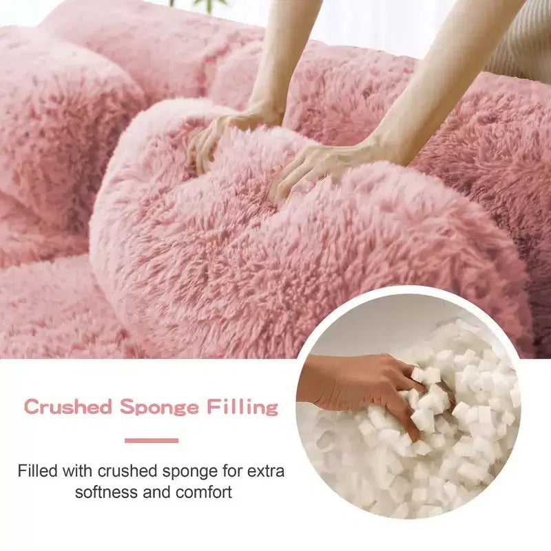 80.3 inch Light Khaki Plush Fabric Boneless Sofa With Throw Pillows and Ottoman 32D High Density Sponge for Living Rooms