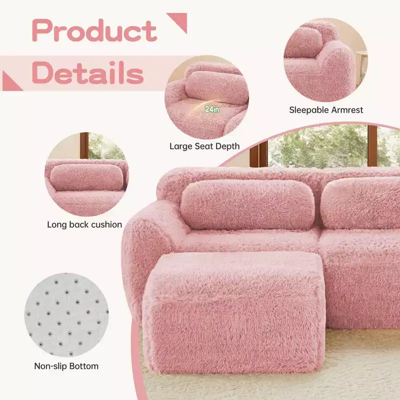 80.3 inch Light Khaki Plush Fabric Boneless Sofa With Throw Pillows and Ottoman 32D High Density Sponge for Living Rooms