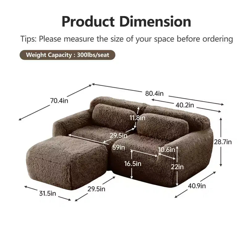 80.3 inch Light Khaki Plush Fabric Boneless Sofa With Throw Pillows and Ottoman 32D High Density Sponge for Living Rooms