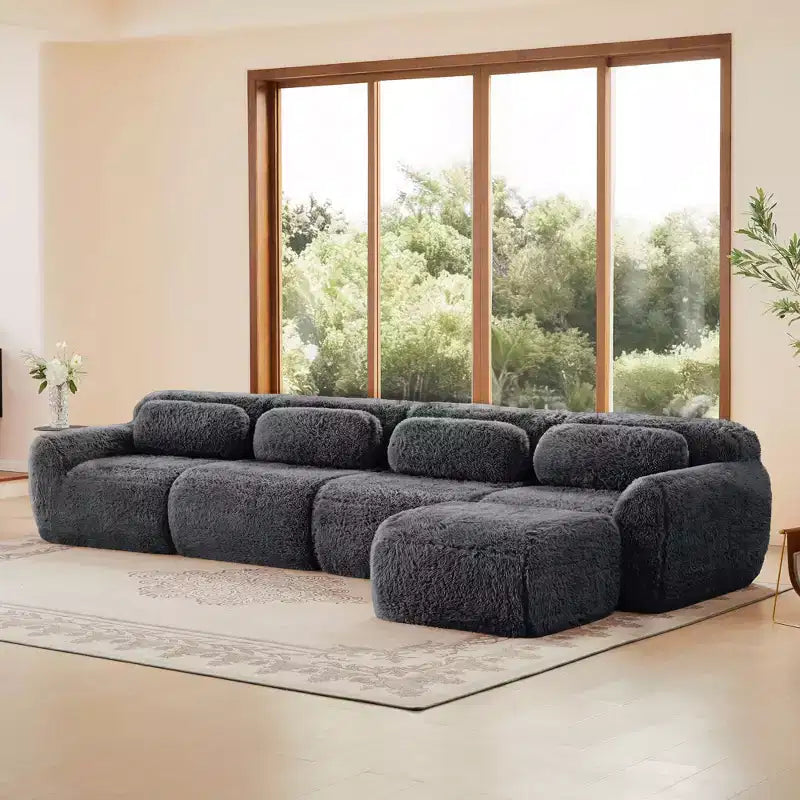 149 inch Light Khaki L-shaped Plush Fabric Sectional Sofa Couches with Throw Pillows and Ottoman ( Buckle Connection)