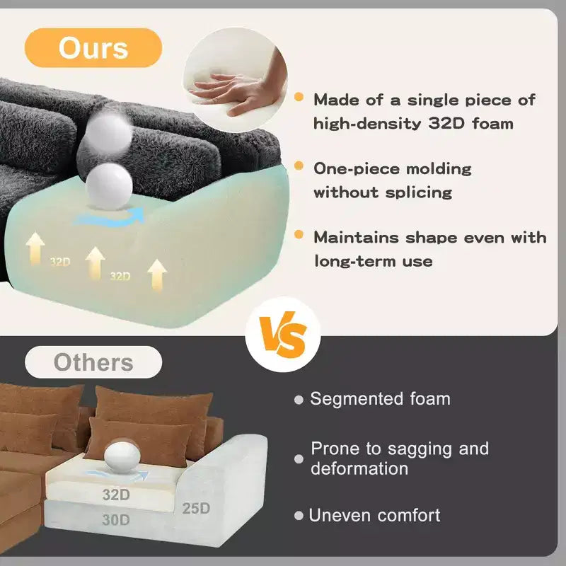 149 inch Light Khaki L-shaped Plush Fabric Sectional Sofa Couches with Throw Pillows and Ottoman ( Buckle Connection)