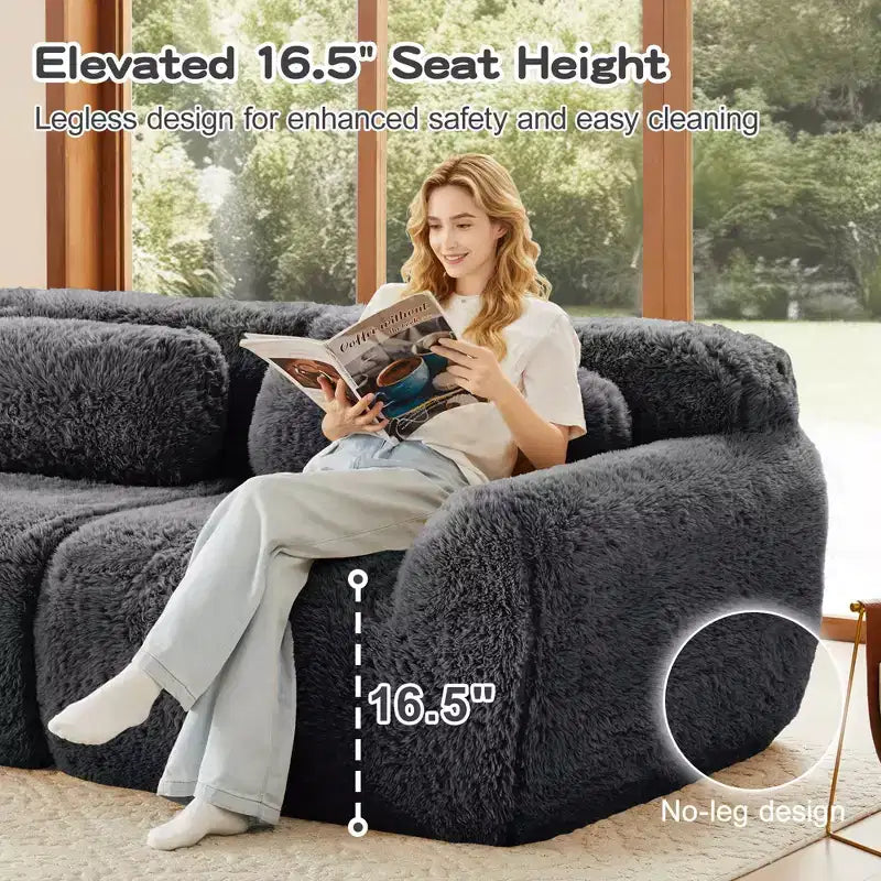 149 inch Light Khaki L-shaped Plush Fabric Sectional Sofa Couches with Throw Pillows and Ottoman ( Buckle Connection)