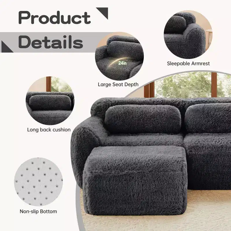 149 inch Light Khaki L-shaped Plush Fabric Sectional Sofa Couches with Throw Pillows and Ottoman ( Buckle Connection)