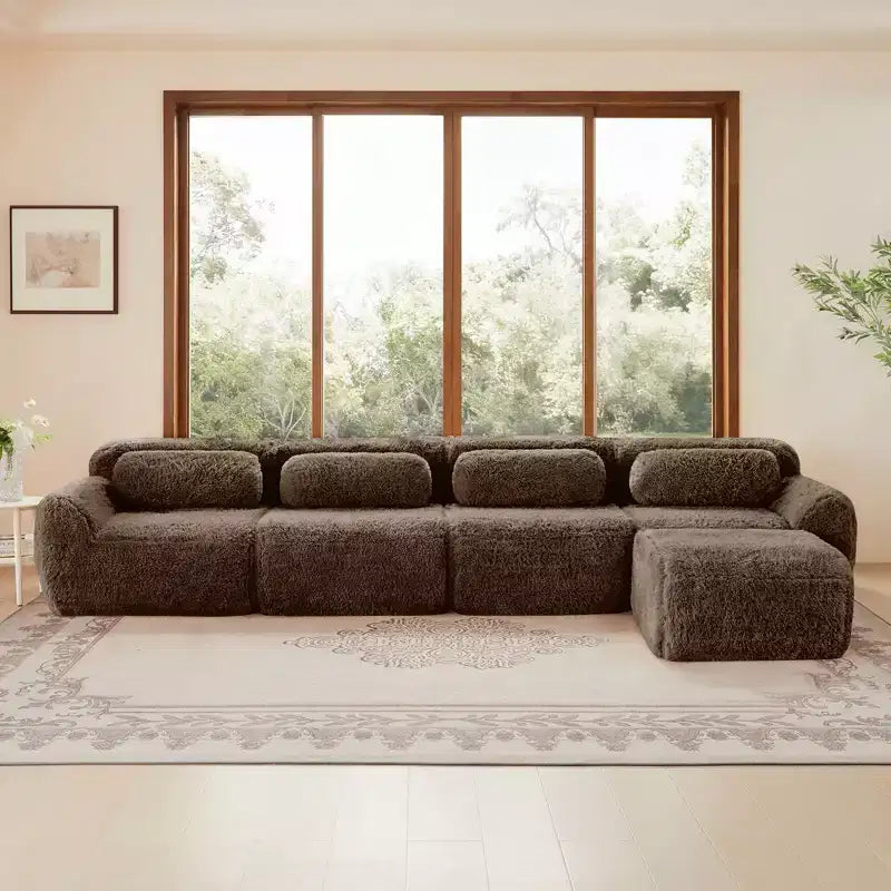 149 inch Light Khaki L-shaped Plush Fabric Sectional Sofa Couches with Throw Pillows and Ottoman ( Buckle Connection)