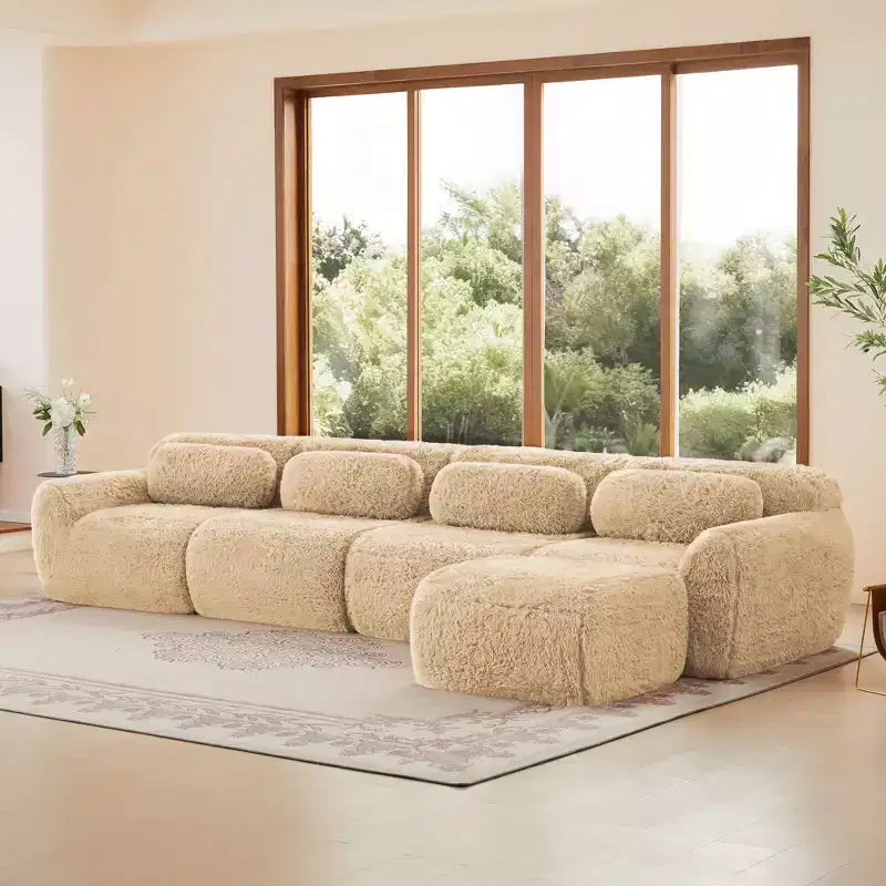 149 inch Light Khaki L-shaped Plush Fabric Sectional Sofa Couches with Throw Pillows and Ottoman ( Buckle Connection)