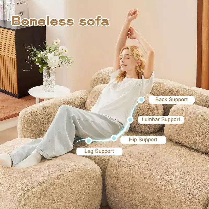 149 inch Light Khaki L-shaped Plush Fabric Sectional Sofa Couches with Throw Pillows and Ottoman ( Buckle Connection)