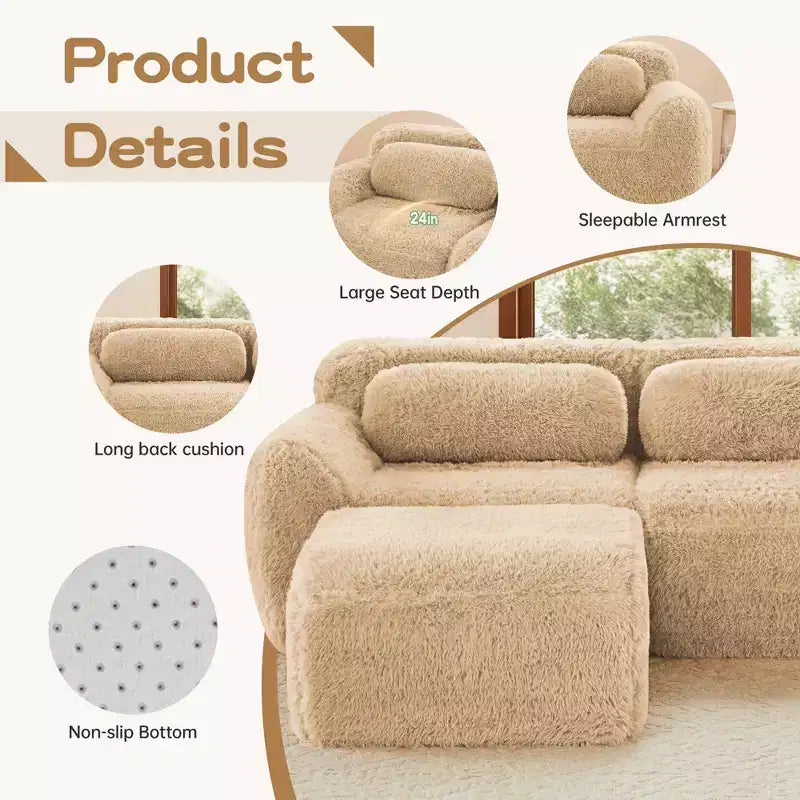 149 inch Light Khaki L-shaped Plush Fabric Sectional Sofa Couches with Throw Pillows and Ottoman ( Buckle Connection)