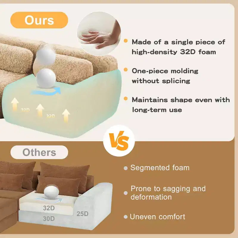 149 inch Light Khaki L-shaped Plush Fabric Sectional Sofa Couches with Throw Pillows and Ottoman ( Buckle Connection)