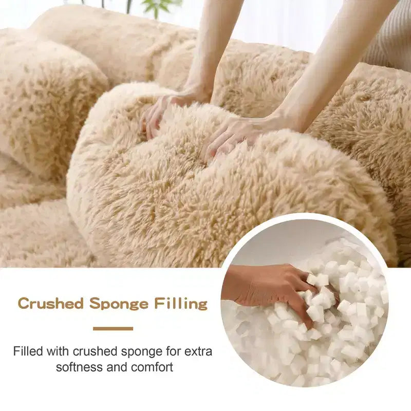 149 inch Light Khaki L-shaped Plush Fabric Sectional Sofa Couches with Throw Pillows and Ottoman ( Buckle Connection)