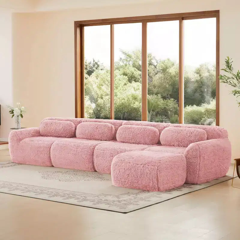 149 inch Light Khaki L-shaped Plush Fabric Sectional Sofa Couches with Throw Pillows and Ottoman ( Buckle Connection)