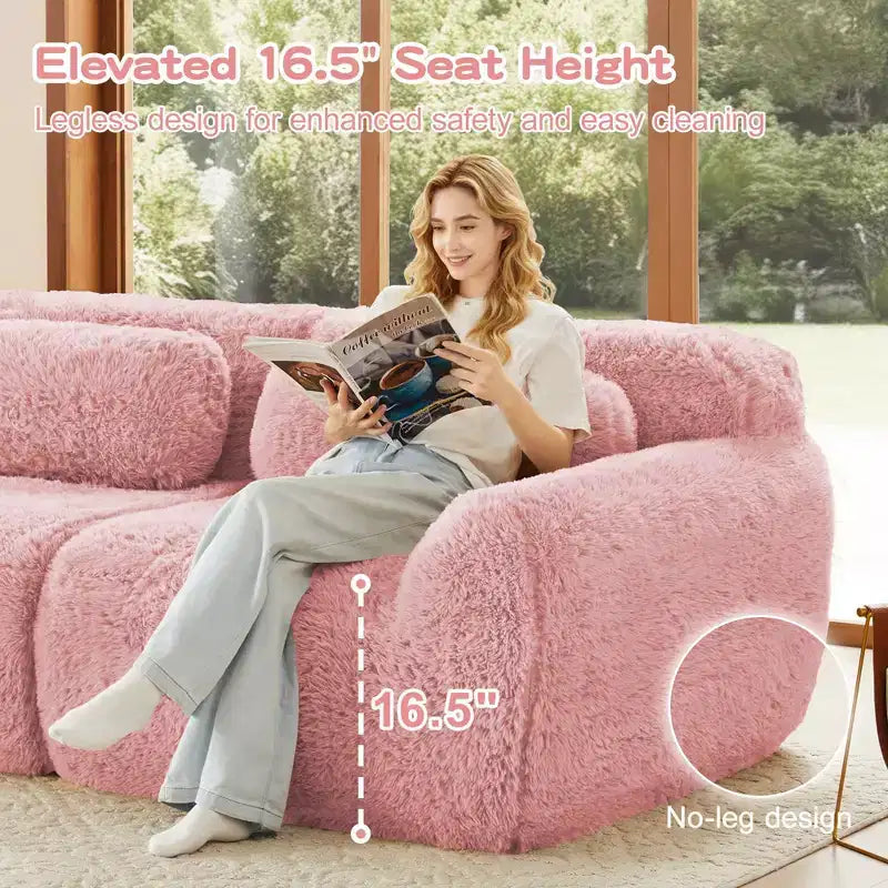 149 inch Light Khaki L-shaped Plush Fabric Sectional Sofa Couches with Throw Pillows and Ottoman ( Buckle Connection)