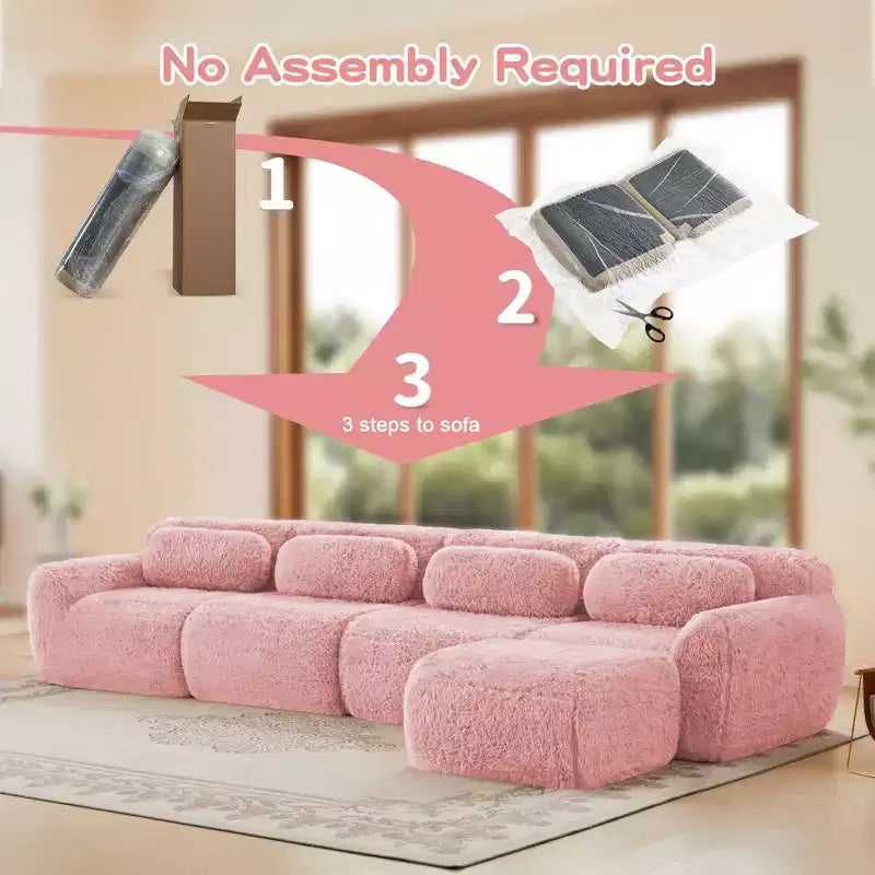 149 inch Light Khaki L-shaped Plush Fabric Sectional Sofa Couches with Throw Pillows and Ottoman ( Buckle Connection)