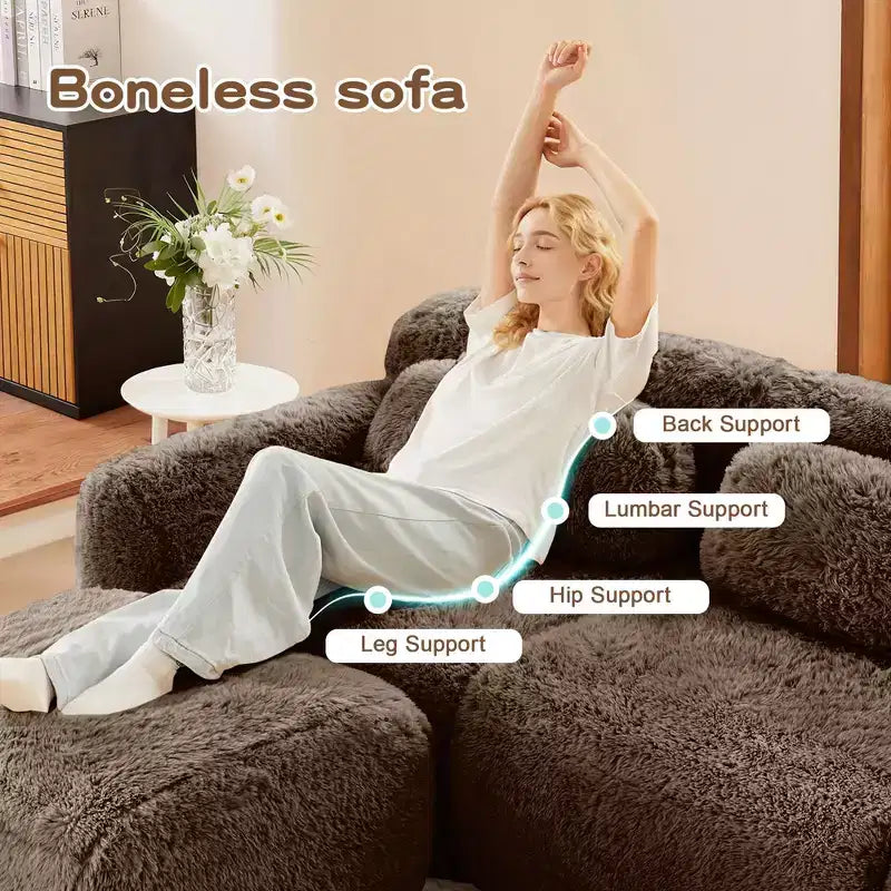 149 inch Light Khaki L-shaped Plush Fabric Sectional Sofa Couches with Throw Pillows and Ottoman ( Buckle Connection)