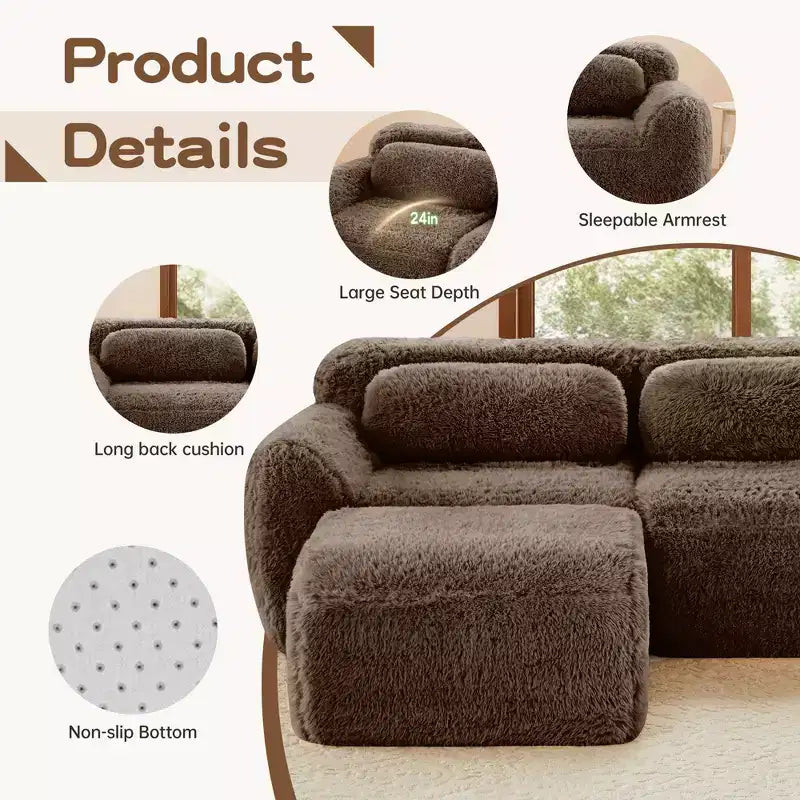 149 inch Light Khaki L-shaped Plush Fabric Sectional Sofa Couches with Throw Pillows and Ottoman ( Buckle Connection)