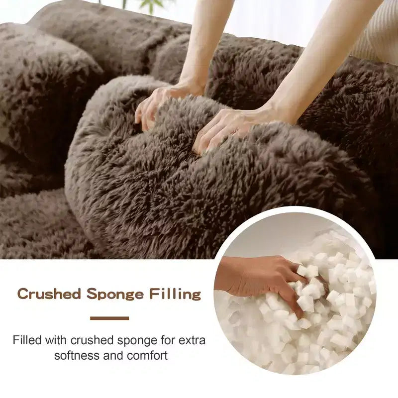 149 inch Light Khaki L-shaped Plush Fabric Sectional Sofa Couches with Throw Pillows and Ottoman ( Buckle Connection)