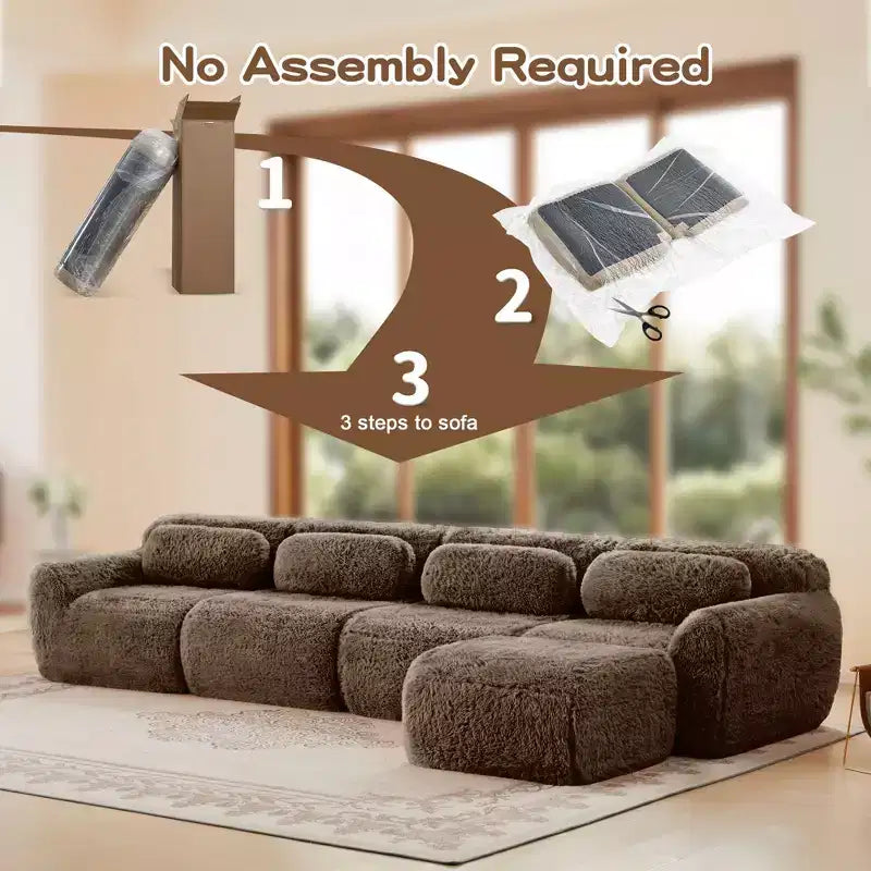 149 inch Light Khaki L-shaped Plush Fabric Sectional Sofa Couches with Throw Pillows and Ottoman ( Buckle Connection)