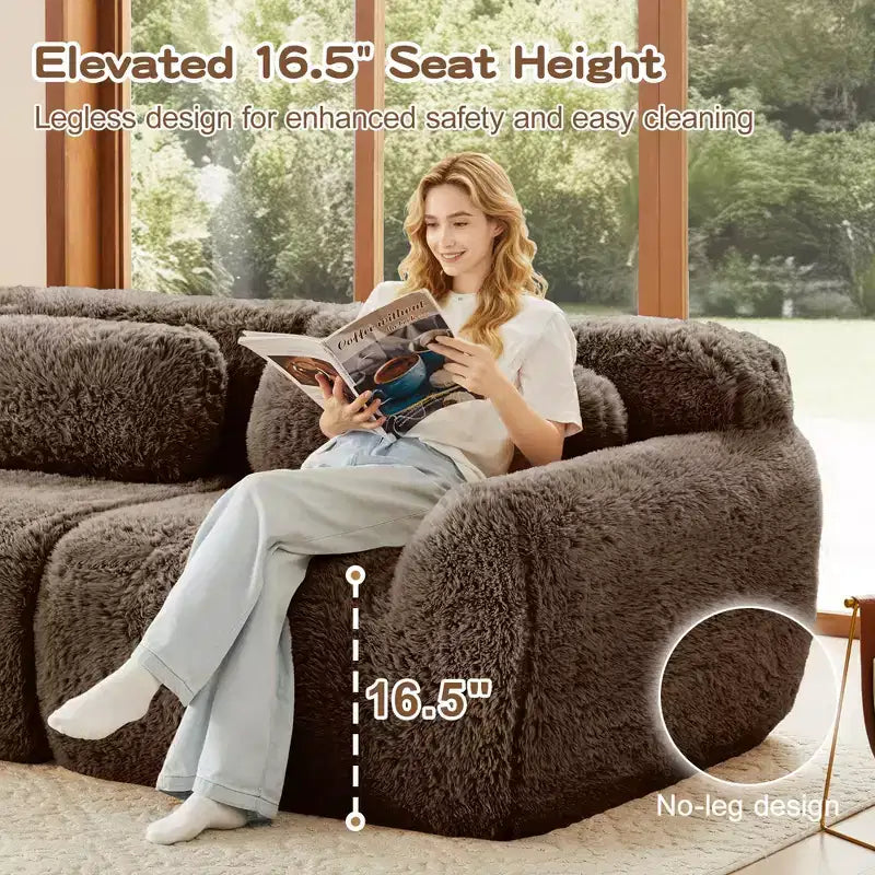 149 inch Light Khaki L-shaped Plush Fabric Sectional Sofa Couches with Throw Pillows and Ottoman ( Buckle Connection)
